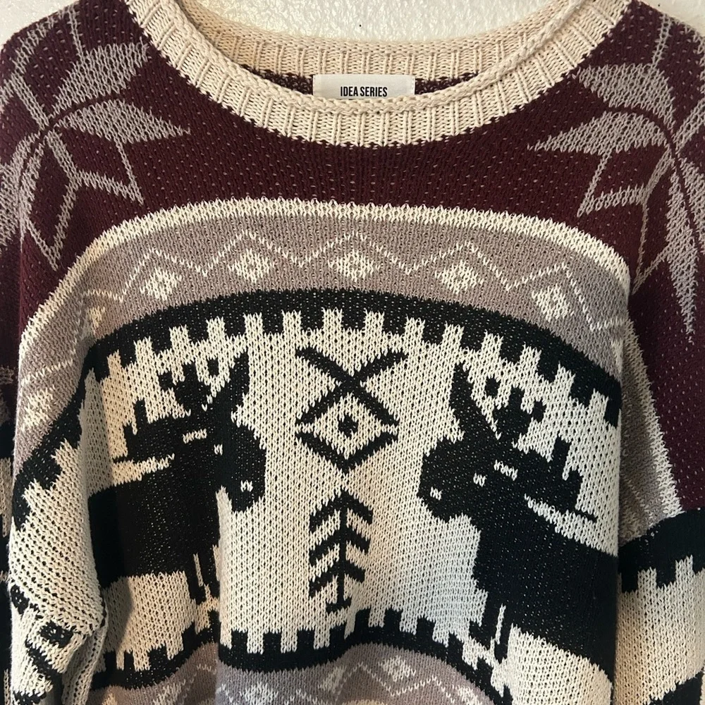 Idea Series Maroon and Beige Moose Sweater Small Silk Acrylic Blend Oversized - Picture 7 of 11
